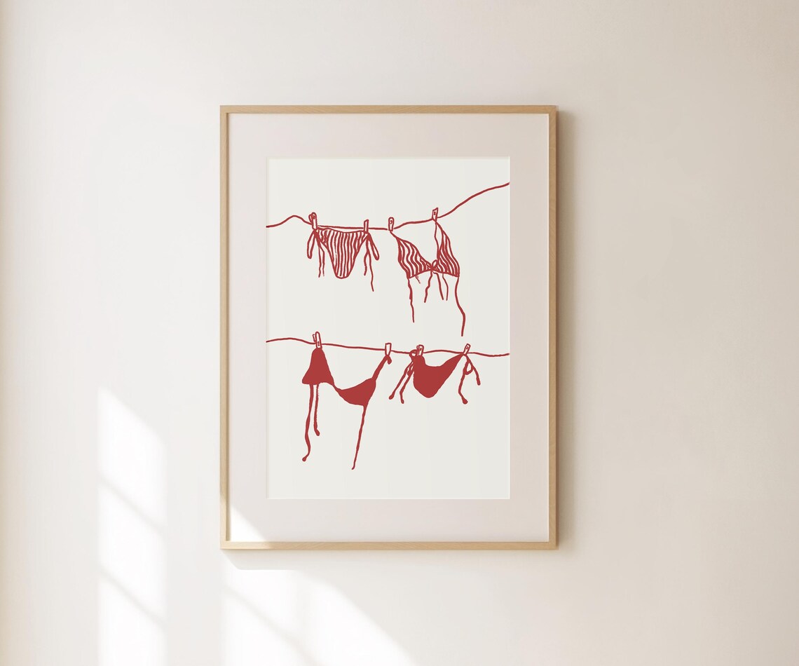 Red Bikini Clothesline Beach Club Coastal Line Art Wall Poster - Image 4