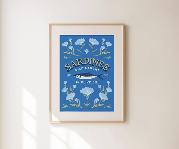 Sardines Print Sardine Tin Vintage Poster Retro Sardine Wall Art Fish Print Eclectic Wall Art Colorful Kitchen Art Maximalist Poster