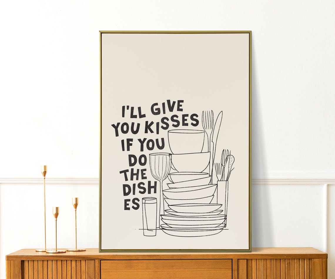 Ill Give You Kisses If You Do The Dishes Black Line Art Kitchen Poster - Image 3