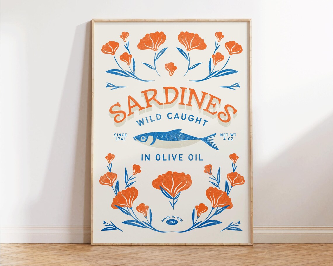 Sardines Wild Caught Olive Oil Retro Sardine Tin Orange Floral Poster - Image 2