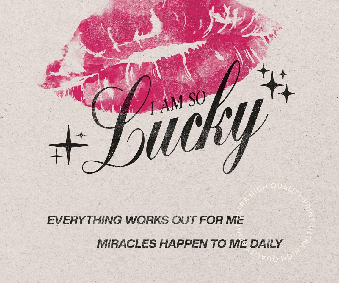 I Am So Lucky Lipstick Kiss Script Pink Vintage Girly Wall Art Print - Image 5