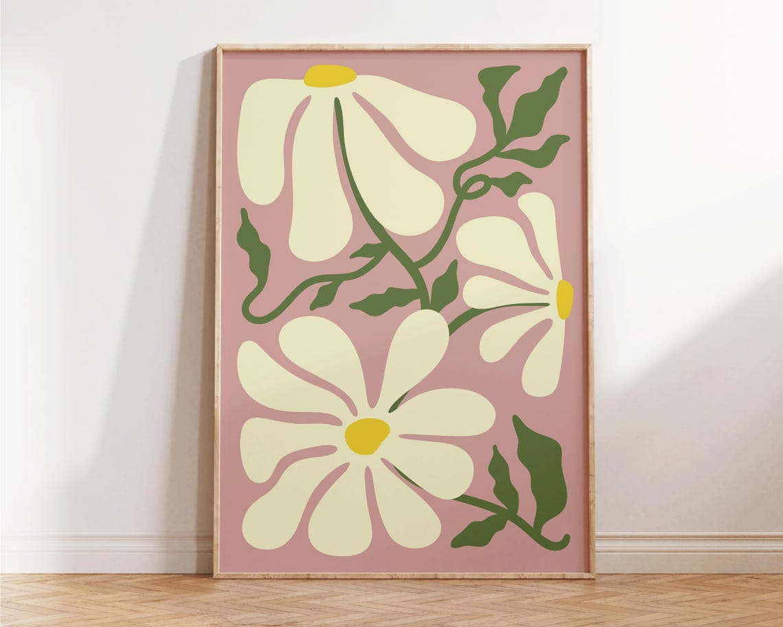 Retro White Daisy Floral Maximalist Botanical Pink Kitchen Wall Art - Image 4