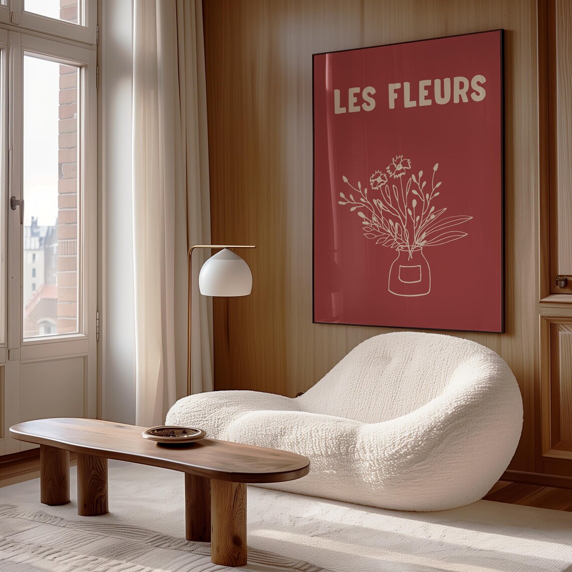 Les Fleurs French Red Botanical Flower Vase Line Art Retro Poster - Image 2