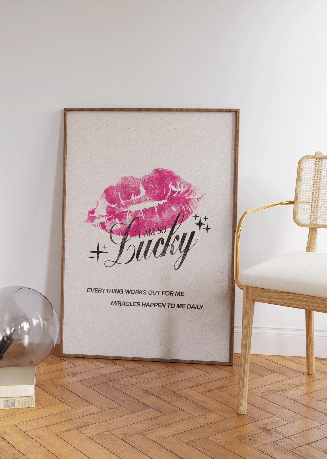 I Am So Lucky Lipstick Kiss Script Pink Vintage Girly Wall Art Print - Image 4