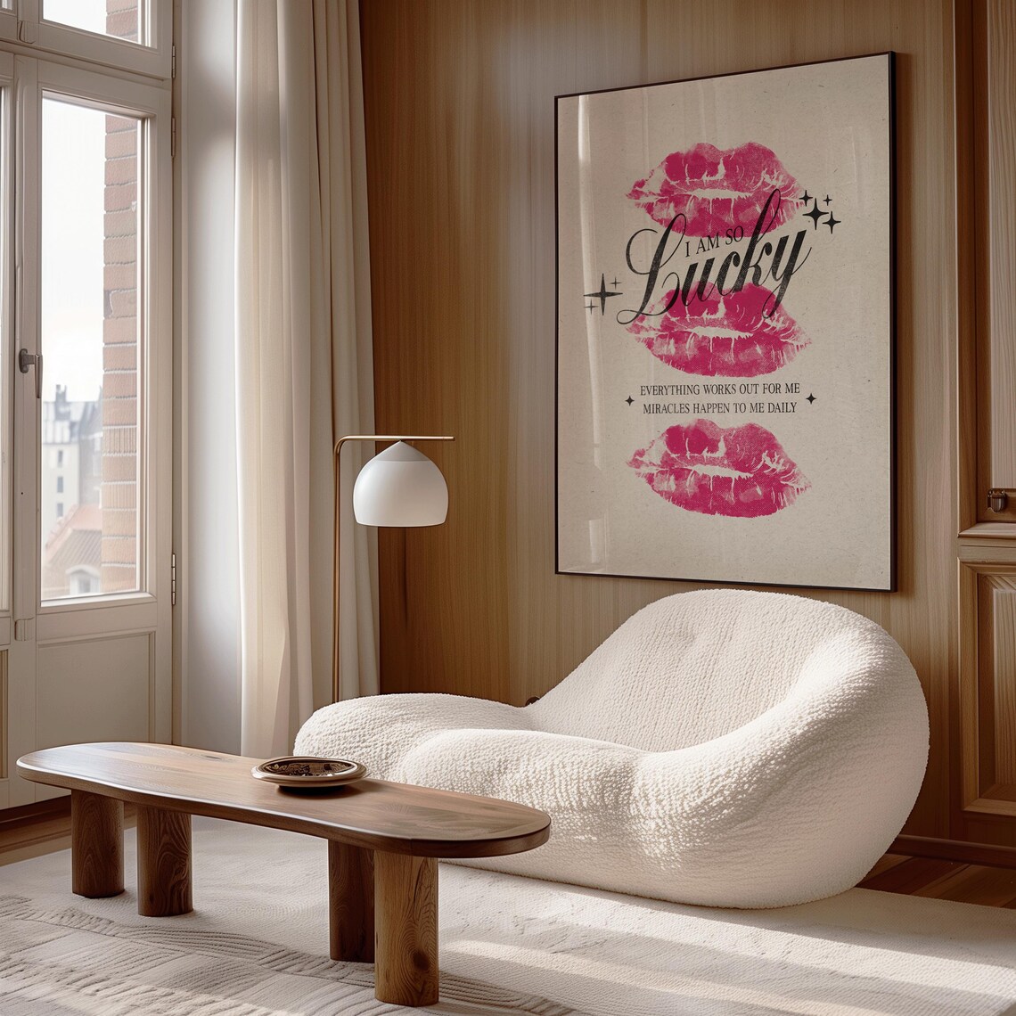 I Am So Lucky Lipstick Kiss Affirmation Pink Girly Bedroom Wall Print - Image 2