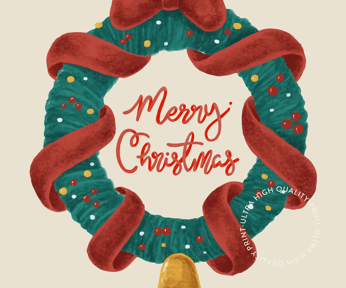 Merry Christmas Watercolor Wreath Ribbon Bell Retro Holiday Wall Art - Image 5