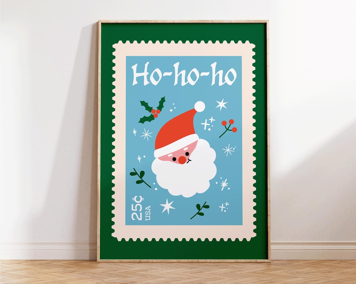 Ho Ho Ho Santa Stamp Vintage Style Christmas Holiday Wall Art Poster