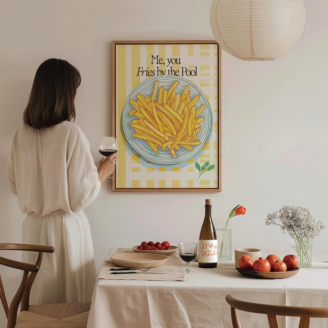 Fries By The Pool Yellow Kitchen Food Illustration Retro Wall Poster - Image 2