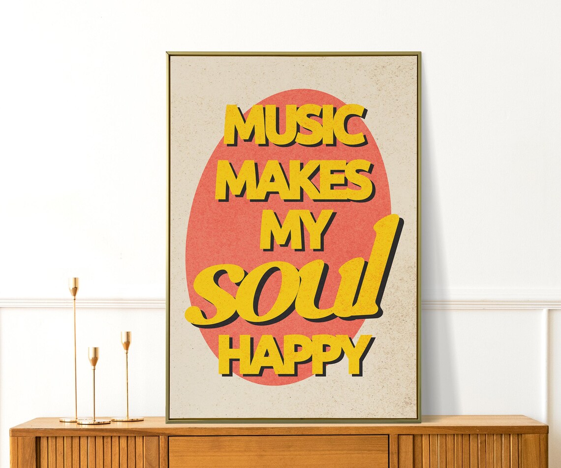 Music Makes My Soul Happy Yellow Retro Music Quote Wall Poster