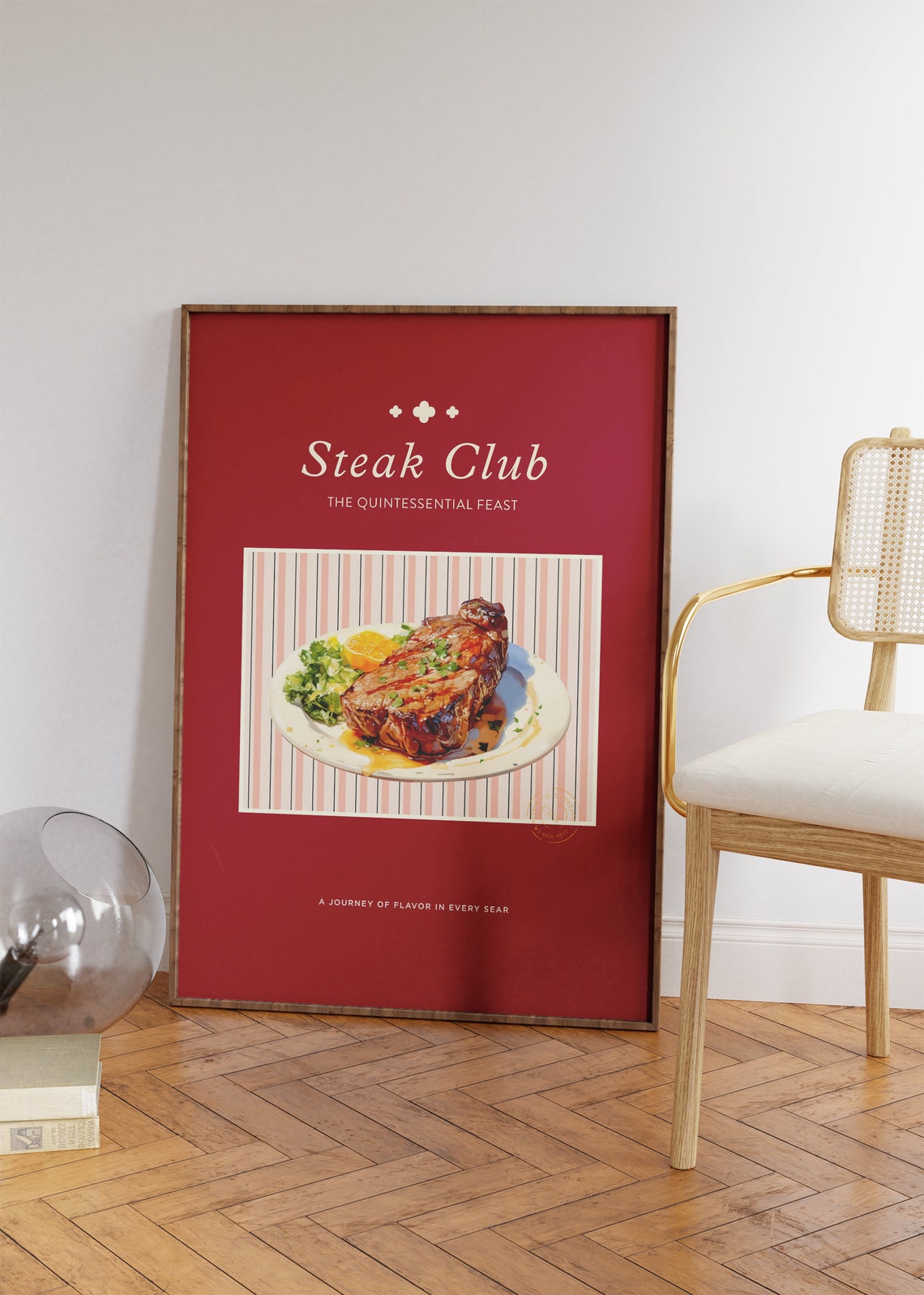 Steak Club Retro Kitchen Steakhouse Dinner Food Illustration Wall Art