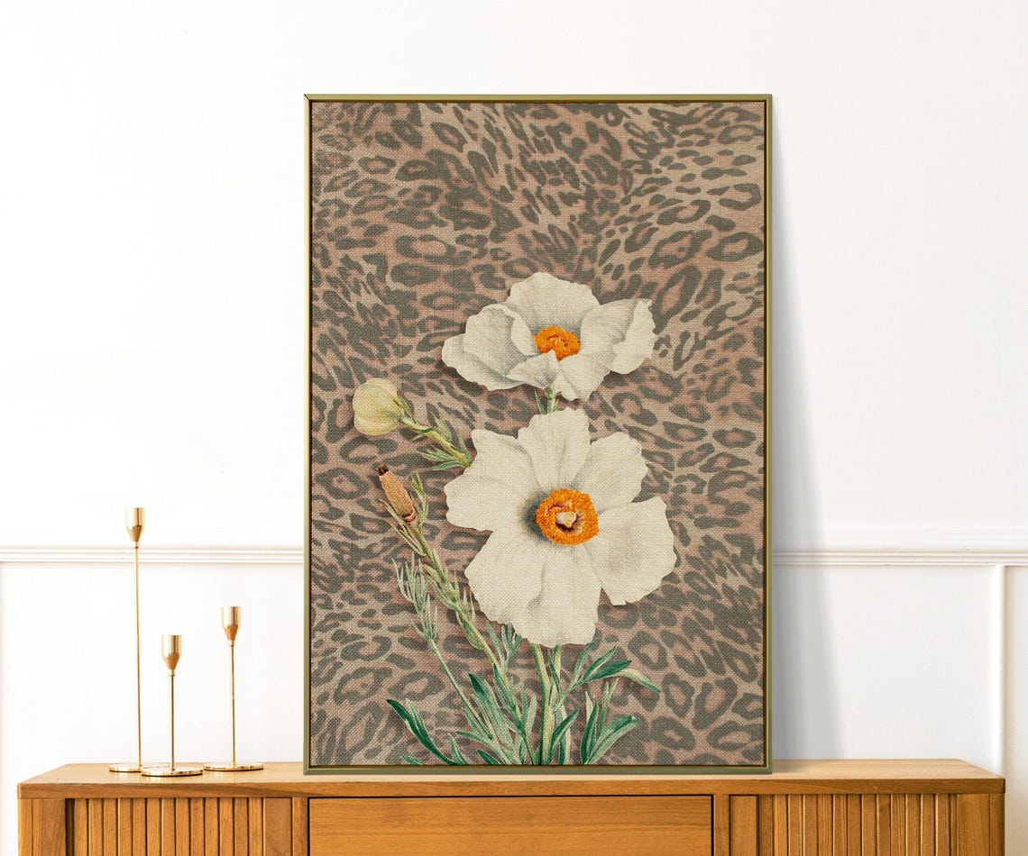 White Poppy Flowers on Leopard Print Botanical Vintage Wall Print