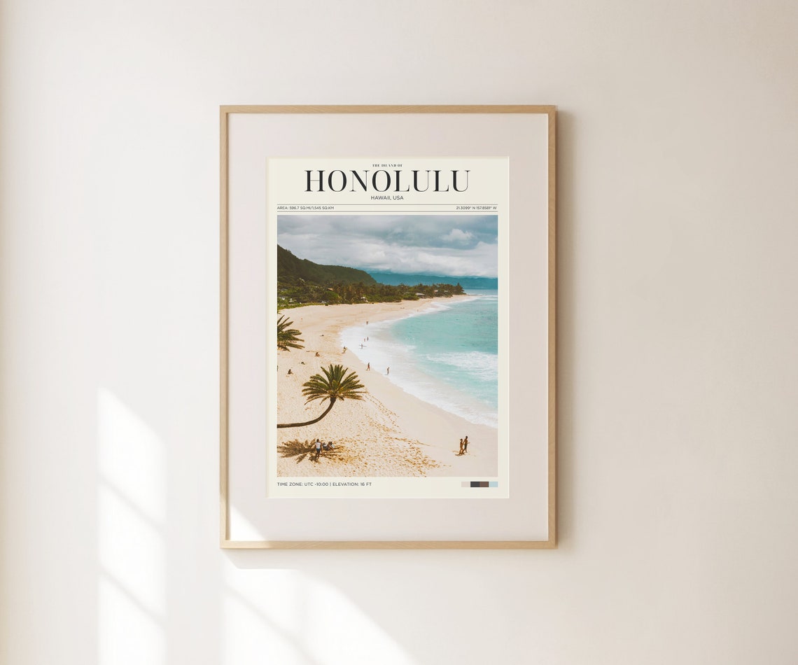 Honolulu Hawaii Island Beach Aerial Palm Turquoise Surf Travel Poster - Image 2