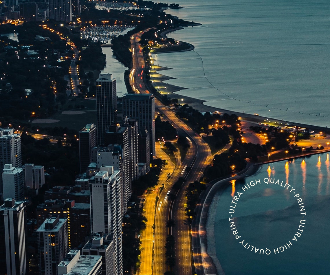 Chicago Illinois Night Coastline Aerial Travel Poster Lakefront Art - Image 5