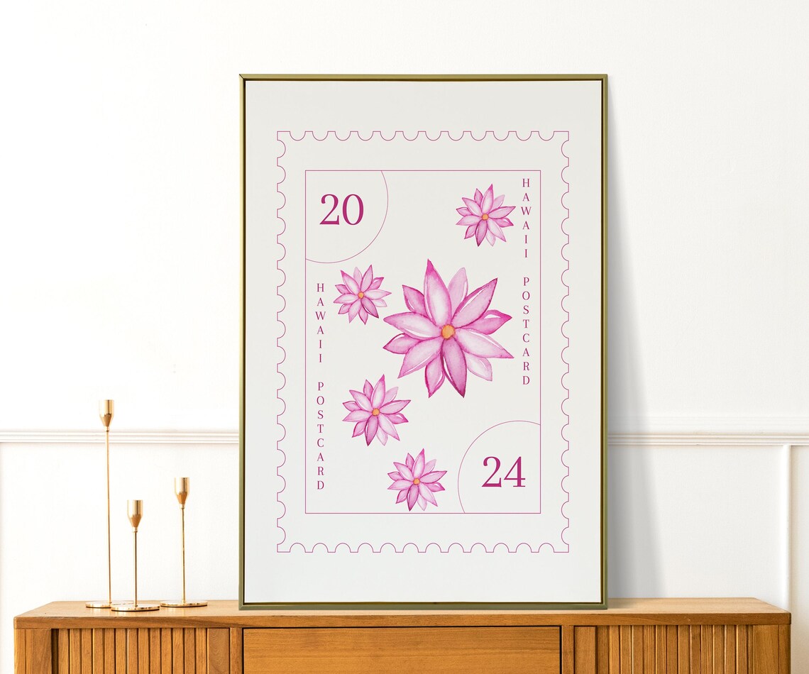 Hawaii Postcard Pink Floral Watercolor Botanical Stamp Wall Art Poster - Image 3