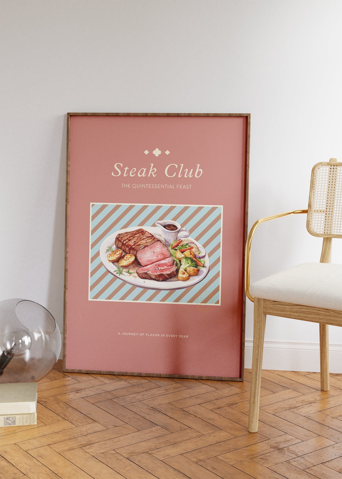 Steak Club Vintage Kitchen Meat Food Illustration Pink Poster - Image 2