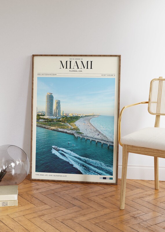Miami Florida Beachside Aerial Ocean Boats Turquoise Travel Poster