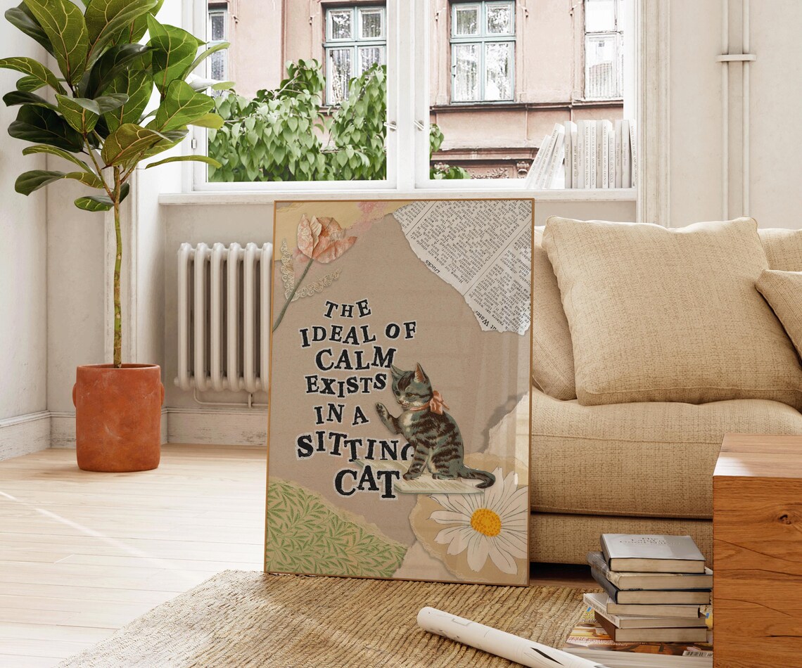 Sitting Cat Calm Quote Vintage Collage Kitten Daisy Animal Art Print - Image 3