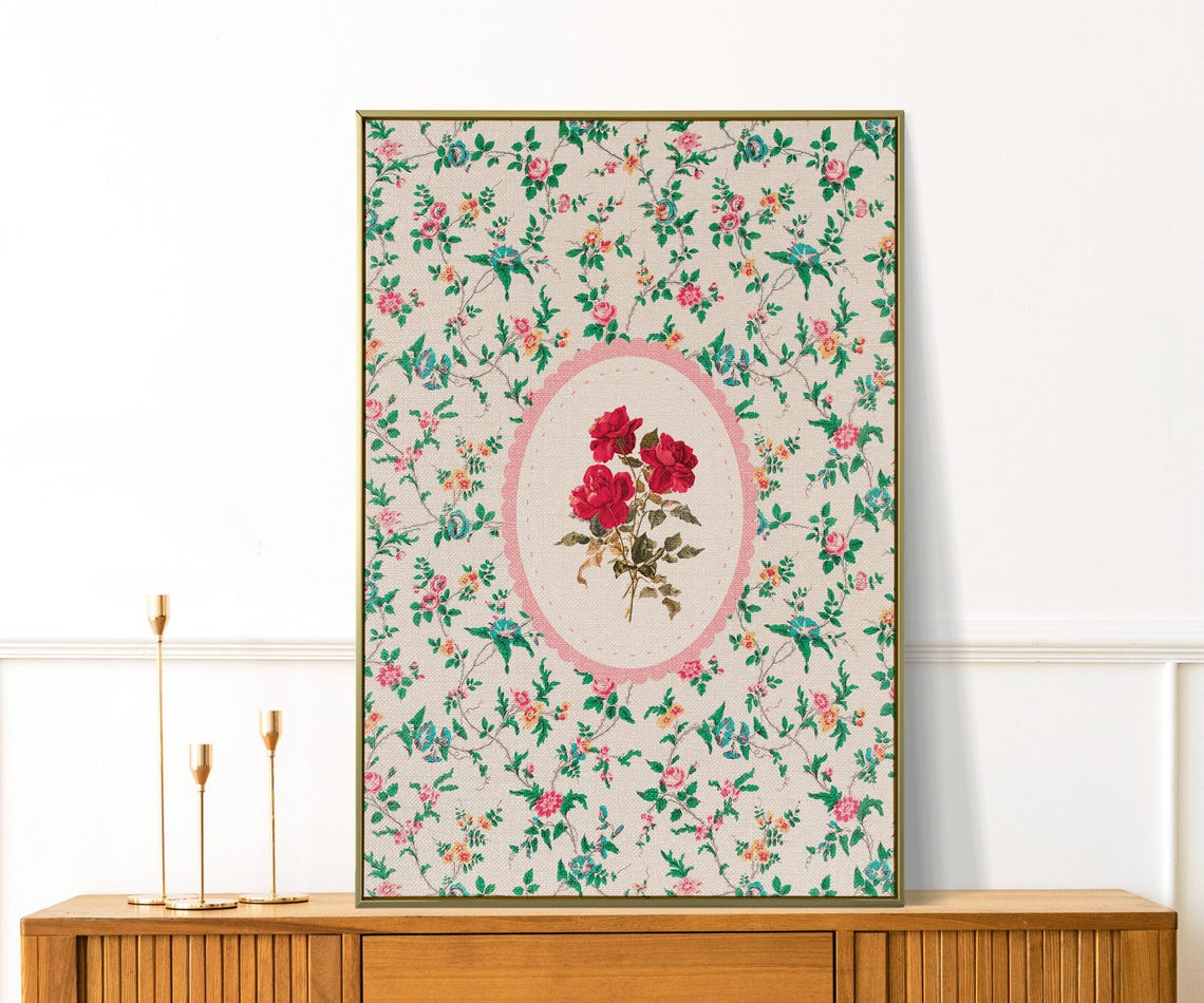 Vintage Red Roses Cameo Floral Chintz Pattern Coquette Wall Art Print - Image 2