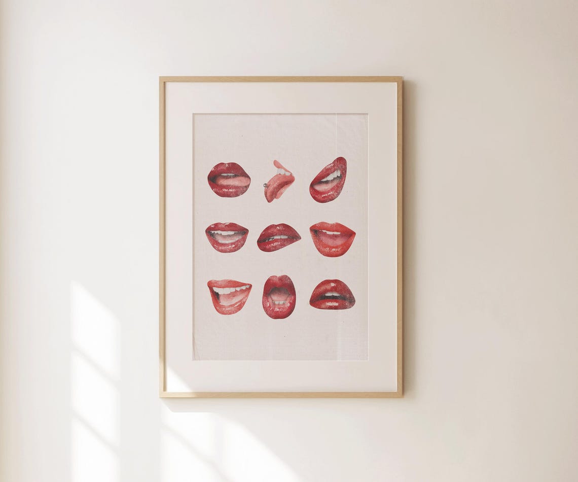 Retro Red Lips Kiss Marks Grid Vintage Makeup Pop Art Wall Poster - Image 3