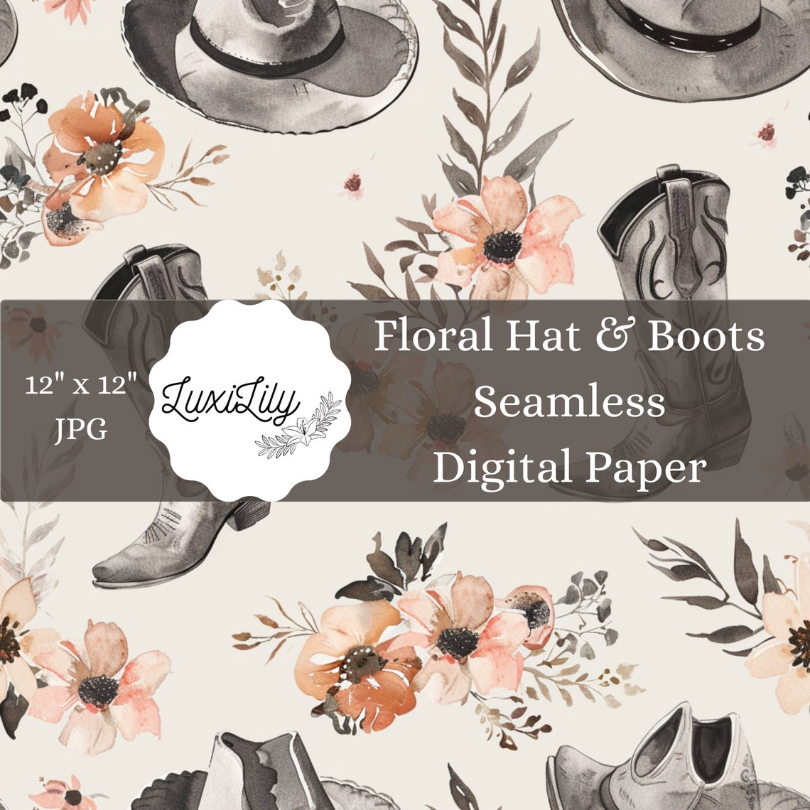 Floral Cowboy Boots Hats Seamless Digital Paper Western Print