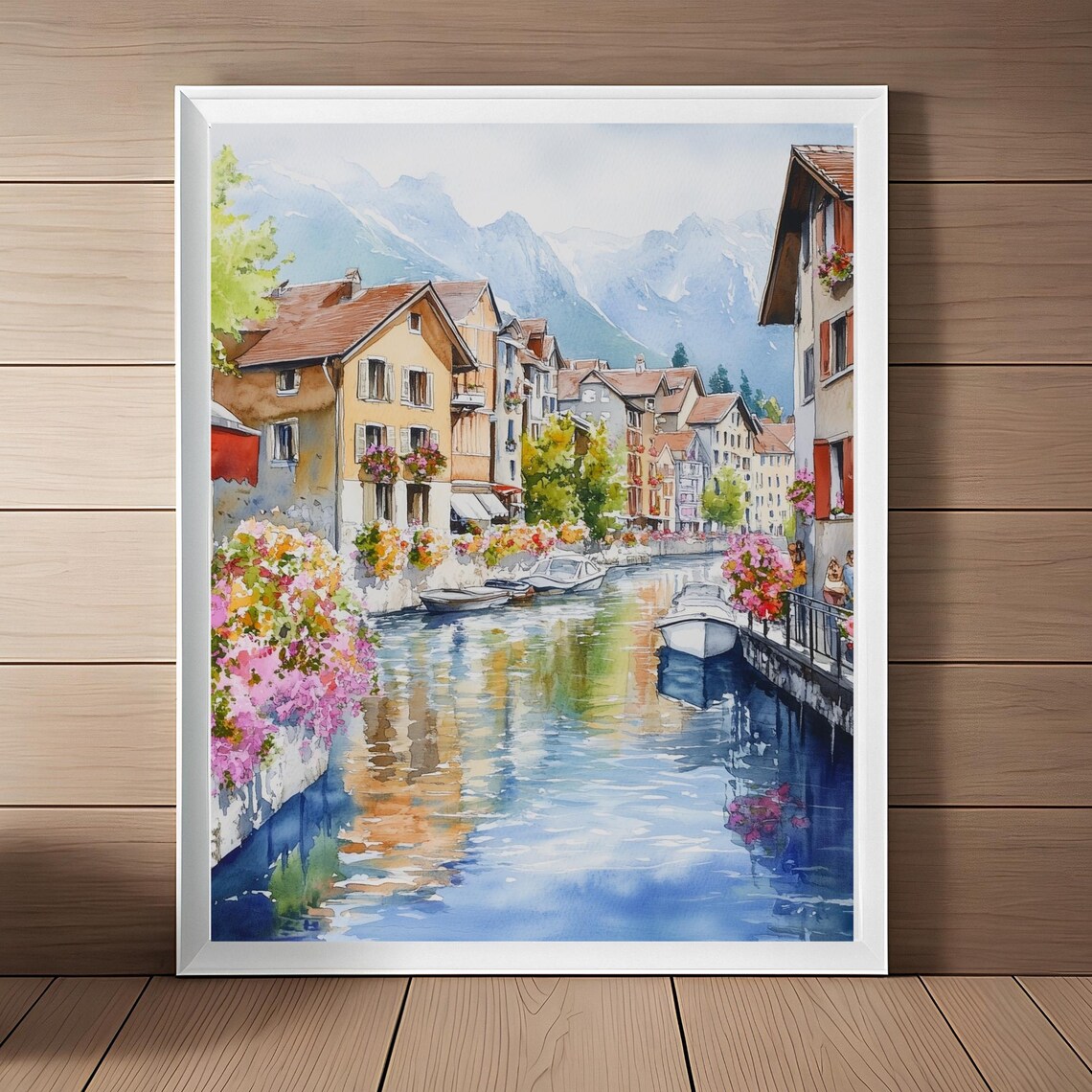 Annecy Canal Boats Flower Boxes Mountain View Calm Watercolor Wall Art