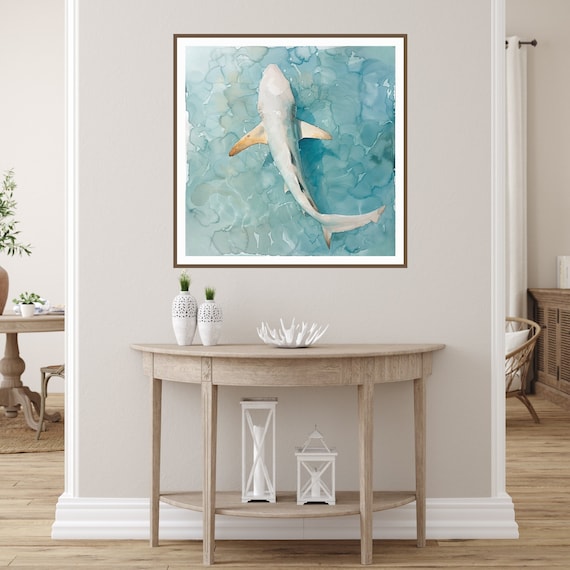 Watercolor Shark Print Coastal Wall Art Beach House Decor Shark Nautical Sea Life Instant