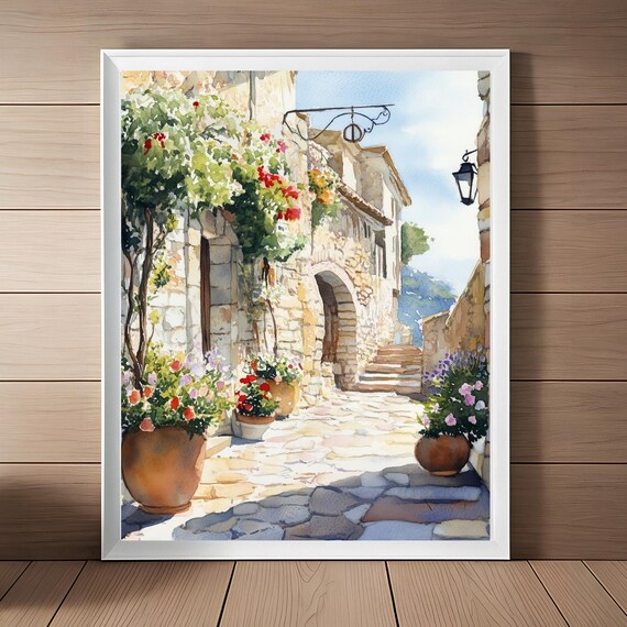 Eze France Village Stone Alley Watercolor French Riviera Art Poster