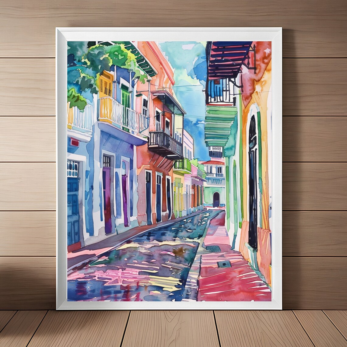 Old San Juan Colorful Colonial Street Watercolor Puerto Rico Art Poster