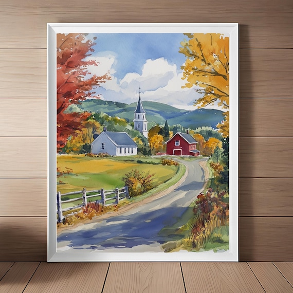 Vermont Fall Countryside White Church Red Barn Watercolor Wall Art