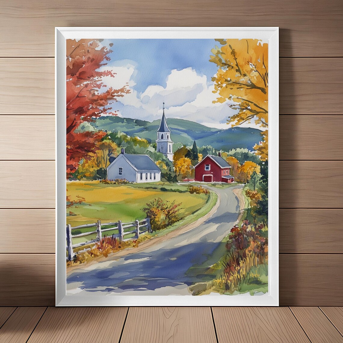 Vermont Fall Countryside White Church Red Barn Watercolor Wall Art