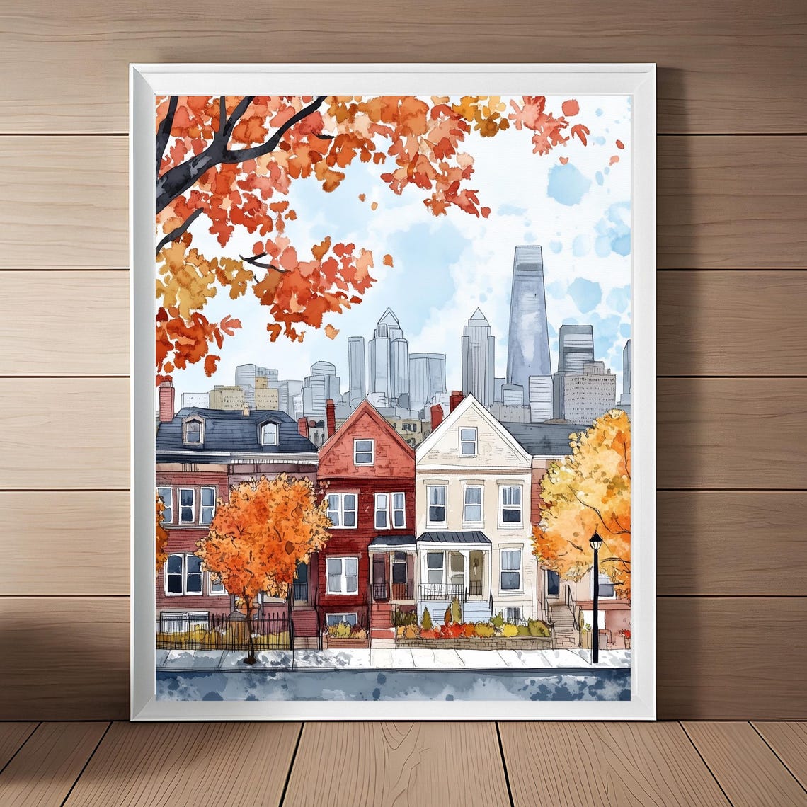 Philadelphia Historic Row Homes With Skyline Autumn Watercolor Poster