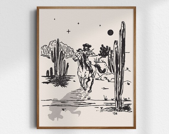 Moonlit Cowgirl Desert Night Horseback Ink Sketch Western Poster