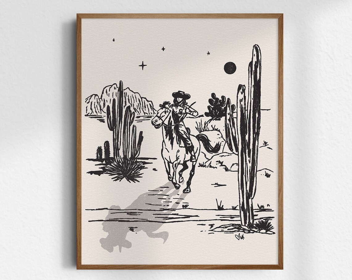 Moonlit Cowgirl Desert Night Horseback Ink Sketch Western Poster