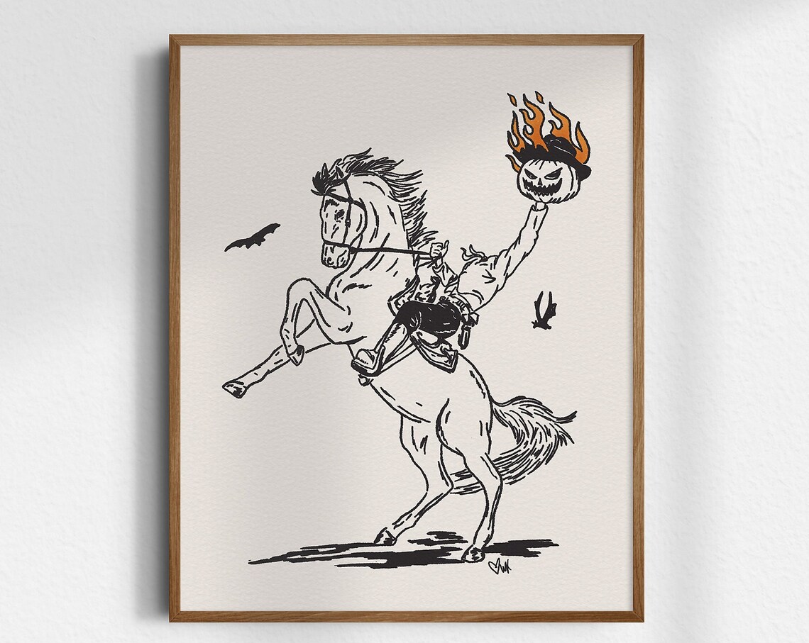 Headless Horseman Flaming Pumpkin Vintage Halloween Line Art Poster