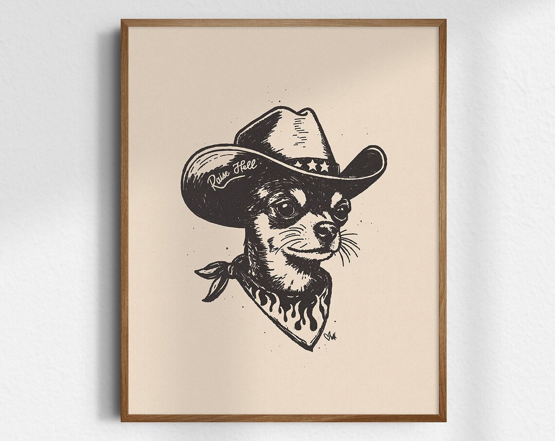 Raise Hell Chihuahua Cowboy Hat Bandana Funny Western Dog Poster