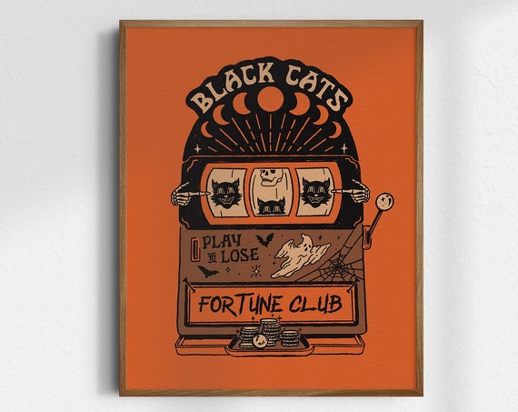 Black Cats Fortune Club 8x10 Vintage Halloween Art Print Slot Machine Gicle Fine Unframed