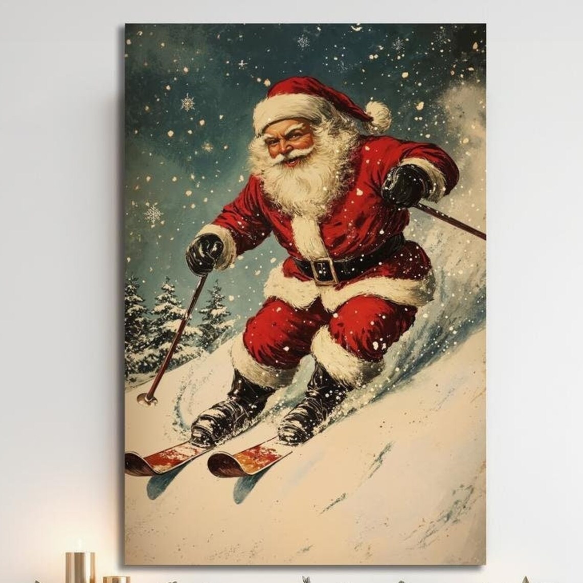 Vintage Santa Claus Skiing Night Snow Retro Christmas Art Poster