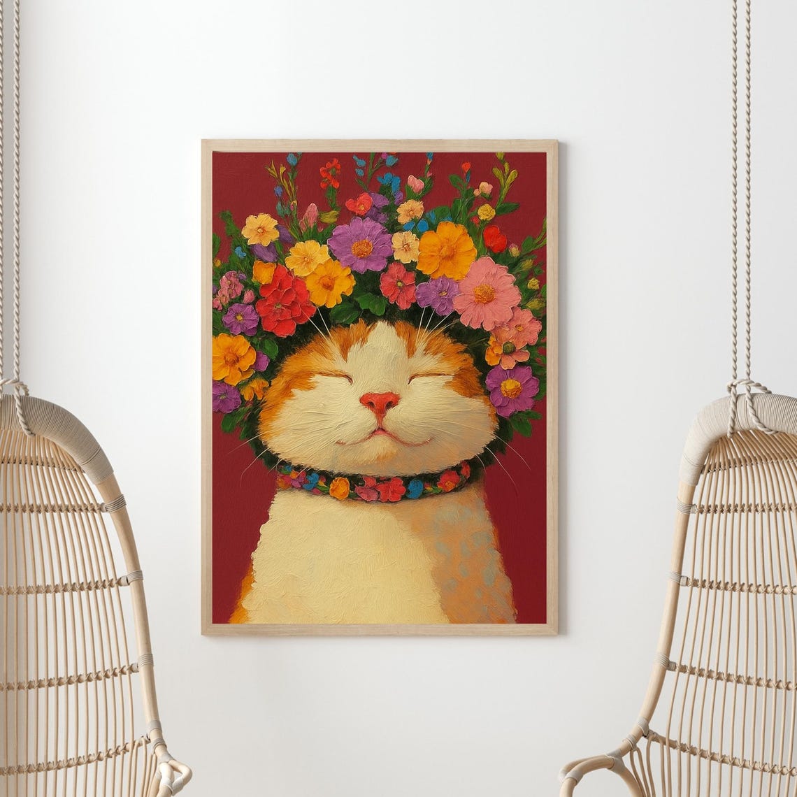 Smiling Cat With Floral Crown Whimsical Animal Portrait Poster