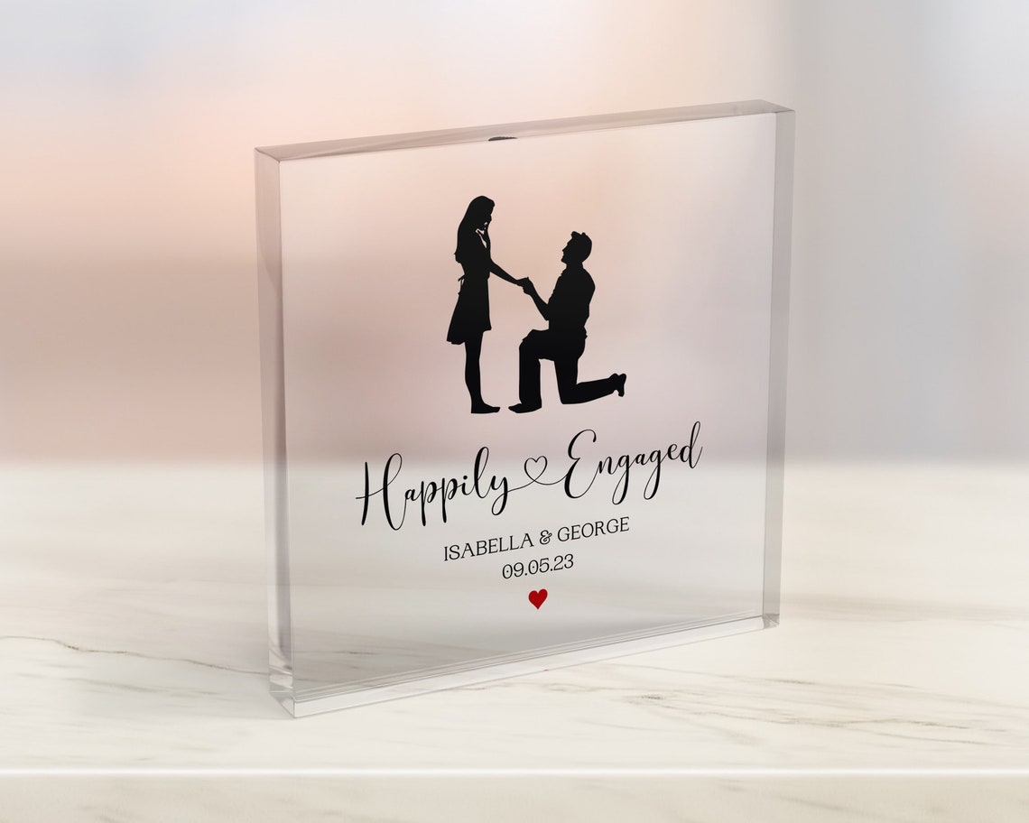 Happily Engaged Black Silhouette Couple Acrylic Keepsake Print