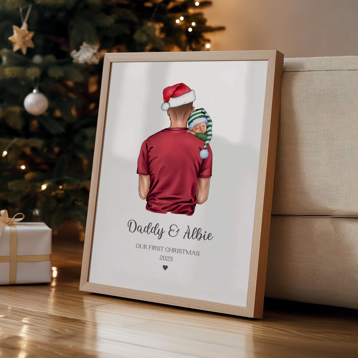 Personalised First Christmas Daddy and Baby Print Santa Hat Elf Baby