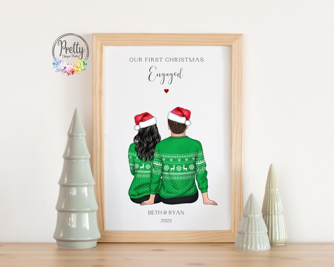Our First Christmas Engaged 2023 Print Couple Green Jumpers Santa Hats