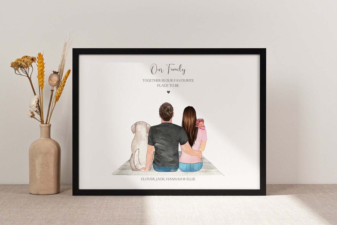 Personalized Our Family Print with Dog Baby and Parents Together Art