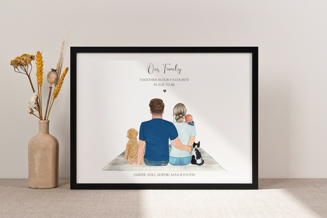 Personalised Our Family With Pets Baby Illustrated Art Print