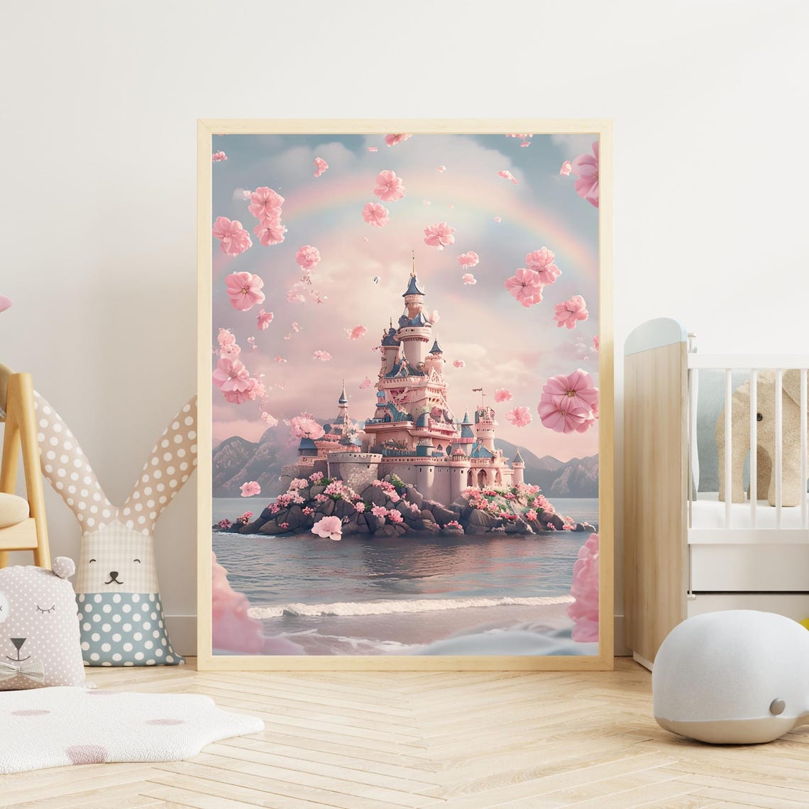 Pink Fairytale Castle Floating Cherry Blossoms Kids Room Poster