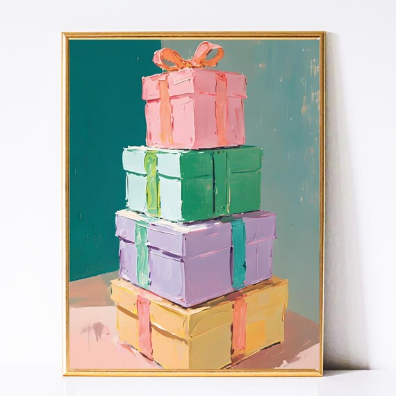 Stacked Pastel Gift Boxes With Ribbons Oil Painting Holiday Poster