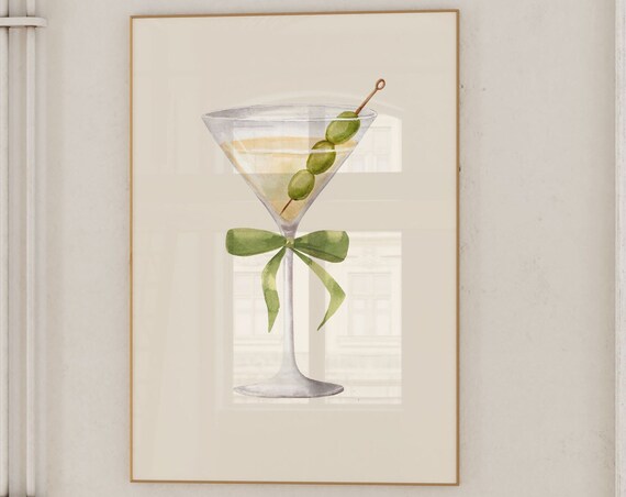 Dirty Martini Watercolor Poster with Sage Bow on Cream Background