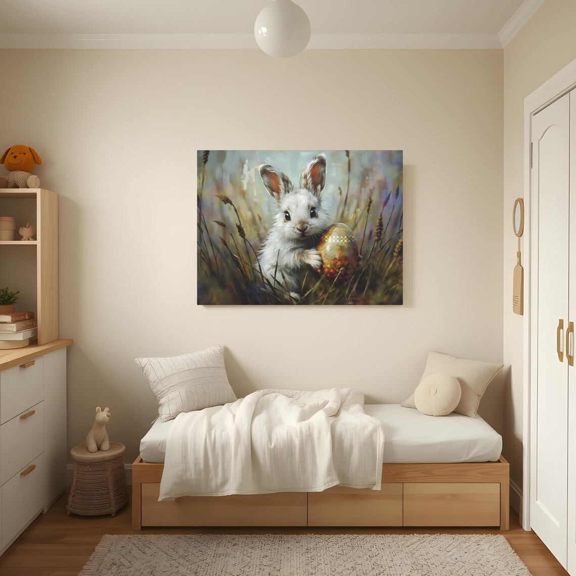 White Bunny Holding Golden Easter Egg Tall Grass Wildlife Poster - Image 4
