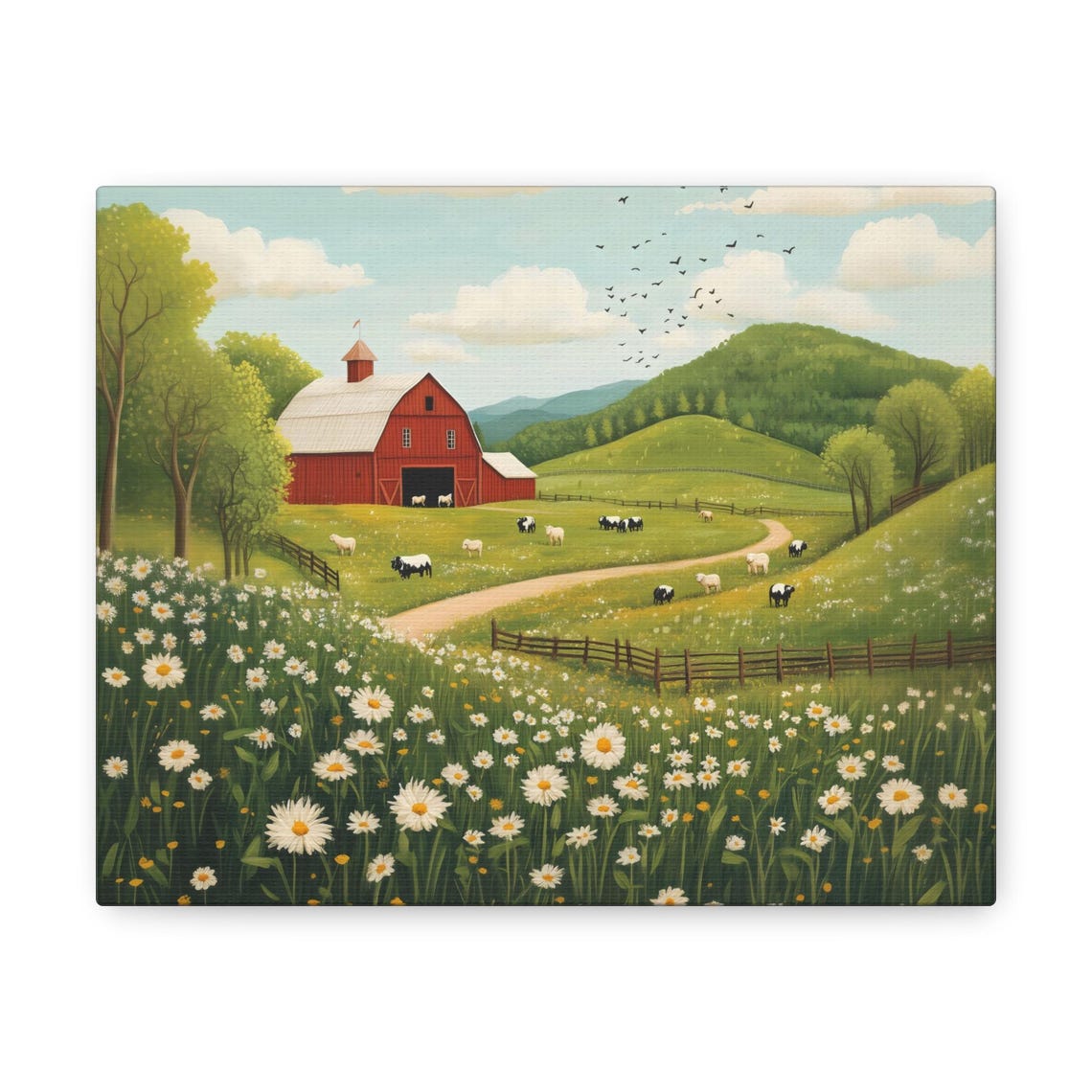 Red Barn Daisy Meadow Hillside Farm Cows Vintage Rustic Wall Art - Image 2