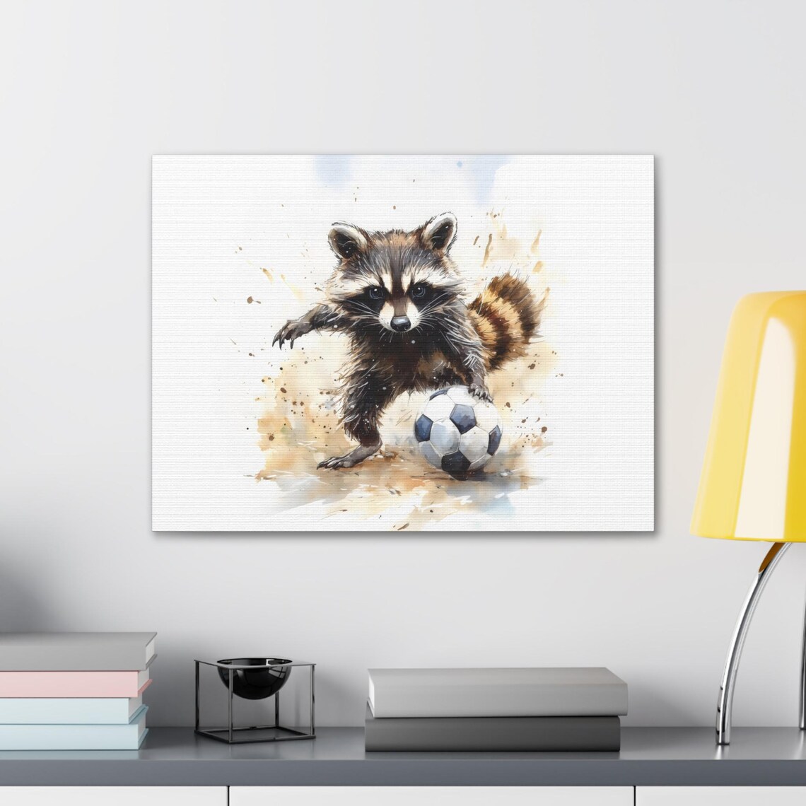 Raccoon Playing Soccer Watercolor Painting Cute Ball Action Sport Poster - Image 2