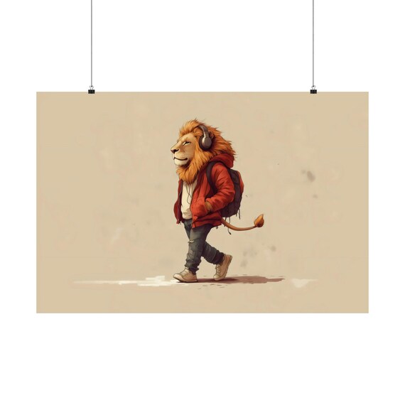 Walking Lion Headphones Street Style Animal Portrait Art Poster
